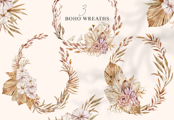 Enchanting Watercolor Boho Wedding Wreaths Clipart