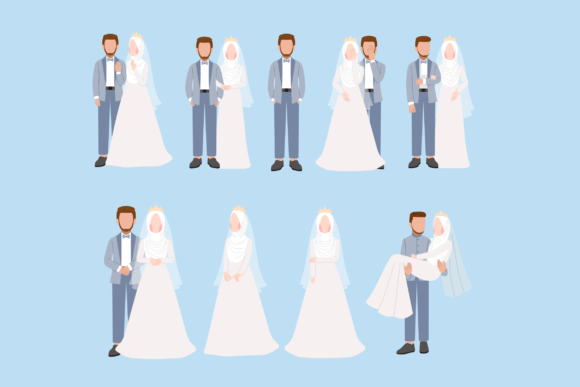 Set of Muslim Wedding Couple: Elegant Illustrations for Modern Invitations