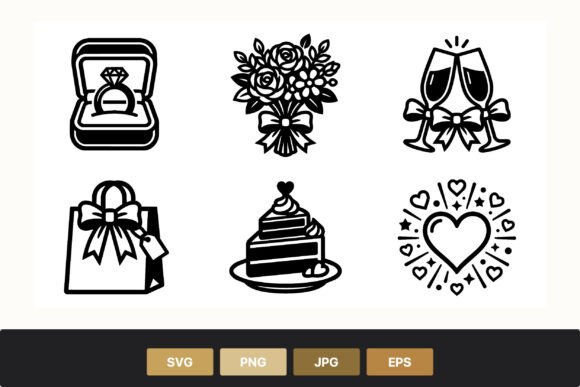 Wedding Ring Bouquet Cake Line Art Icons for Modern Design